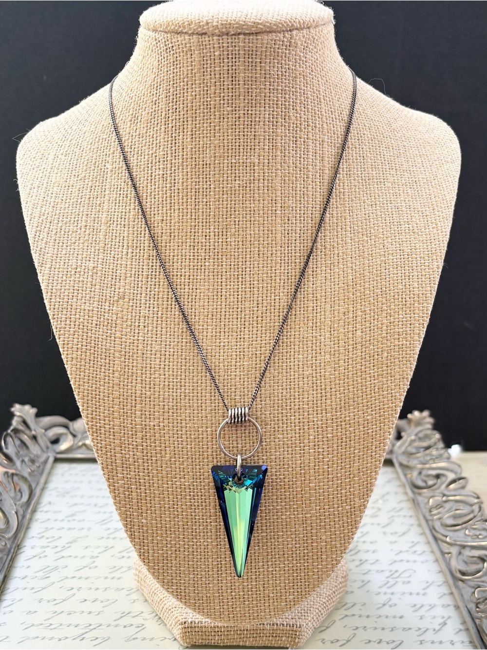 Bermuda Blue-Green Swarovski Crystal Spike Pendant Necklace Sterling Silver